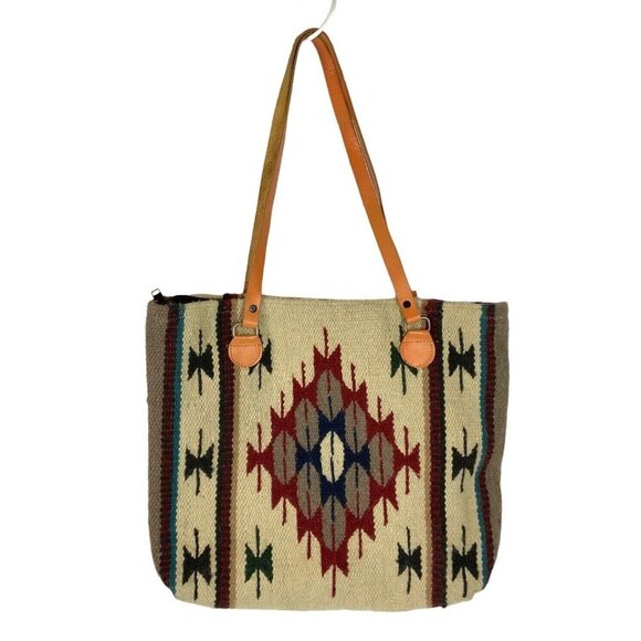 El Paso Saddle Blanket Southwestern Aztec Wool Tote Bag 18x14 Beige Red - Picture 2 of 7